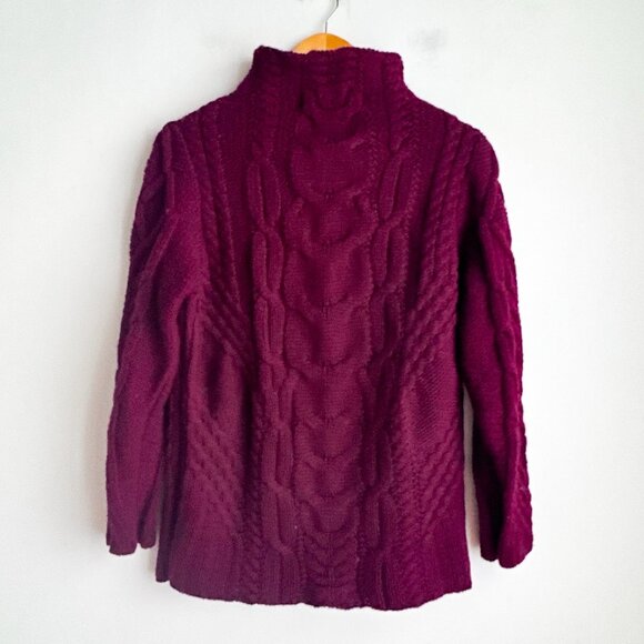 Aran Mor Merino Wool Burgundy Cableknit Mock Neck Sweater L - Picture 3 of 5